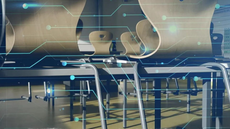 foto van een klaslokaal en een illustratie van digitale connectie
