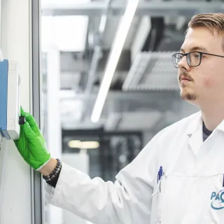 Medewerker van Paques drukt op scherm van installatie